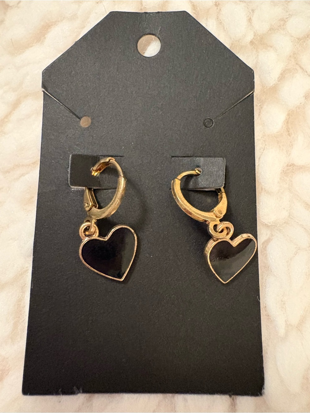 Gold Heart Hoop Drop Earrings with Black Enamel Hearts